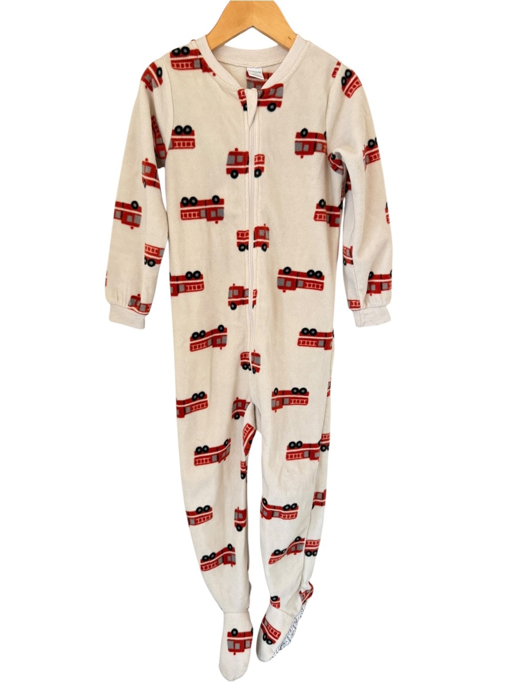 Pekkle Beige Footed Kids Pajama Set with Red Fire Truck Print 4T